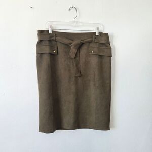 NYCC Olive Green Faux Suede Midi Skirt Waist Tie Preppy Professional Modest L